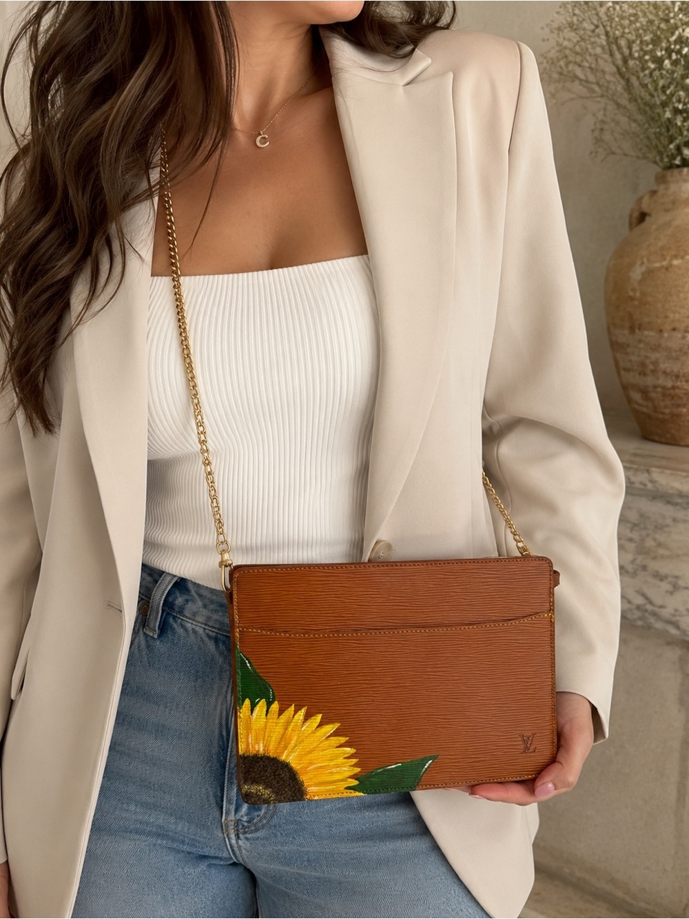 Authentic Hand-Painted Sunflower Louis Vuitton Epi Pochette Homme 🌻